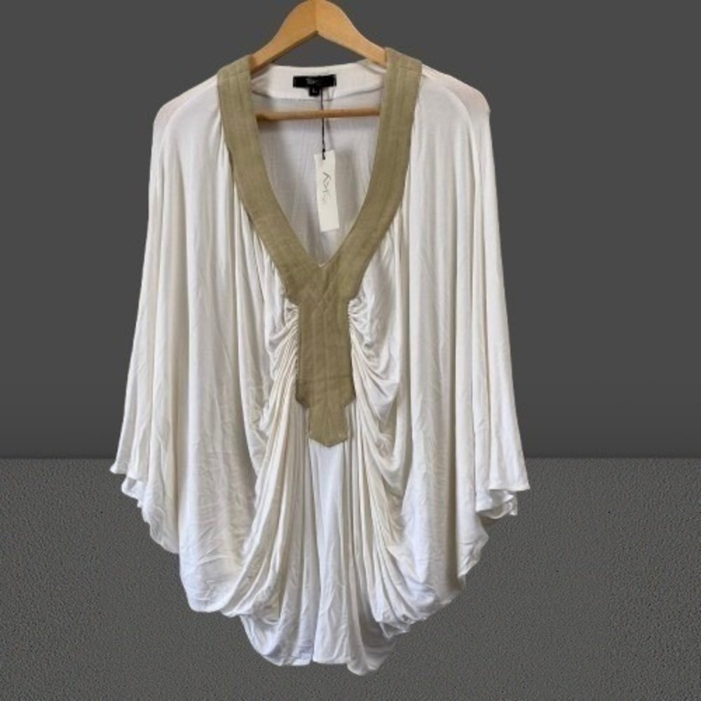 Sky Draped Batwing Top Tan Suede Trim V-Neck Cream XS
